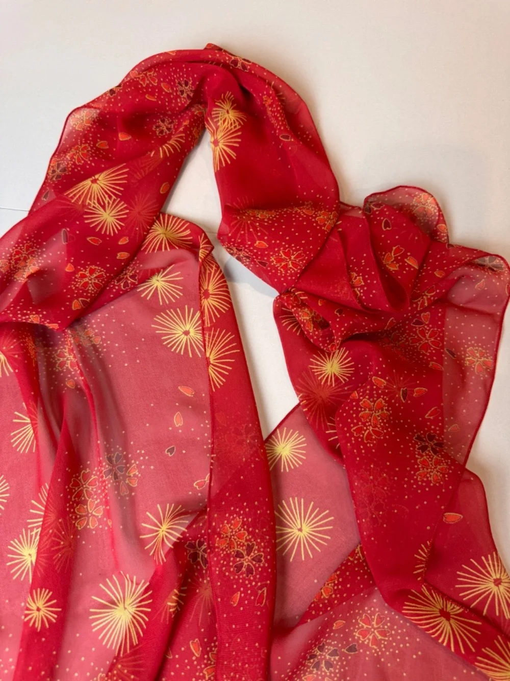 HARARI 100% Silk Chiffon Scarf Red Burst Floral Print Made in USA